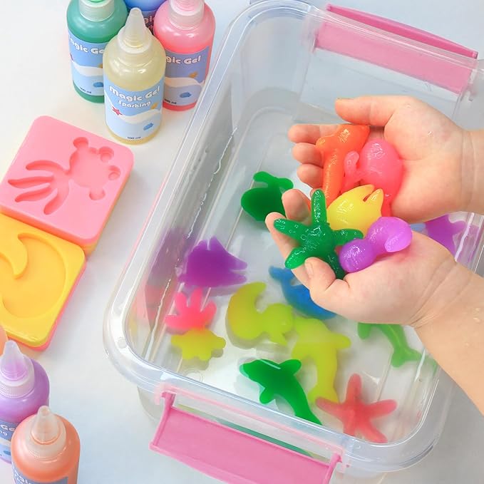 Hrsqu Magic Water Elf Toy Kit - Aqua Elf Water Gel Kit - 100ml Large Capacity Water Fairy Kits with 8 Marine Animals Molds, Christmas Gifts for Kids Birthday Gifts Party Favors (6 Colors)