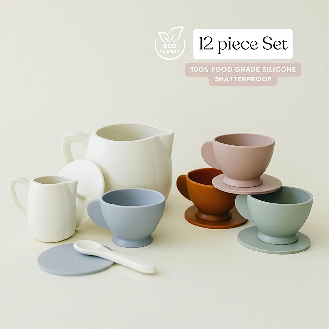 Marlowe & Co Silicone Tea Play Set for Children, 12 Piece Dishwasher Safe Tea Gift Set for Toddlers (Cream Multi Mix)