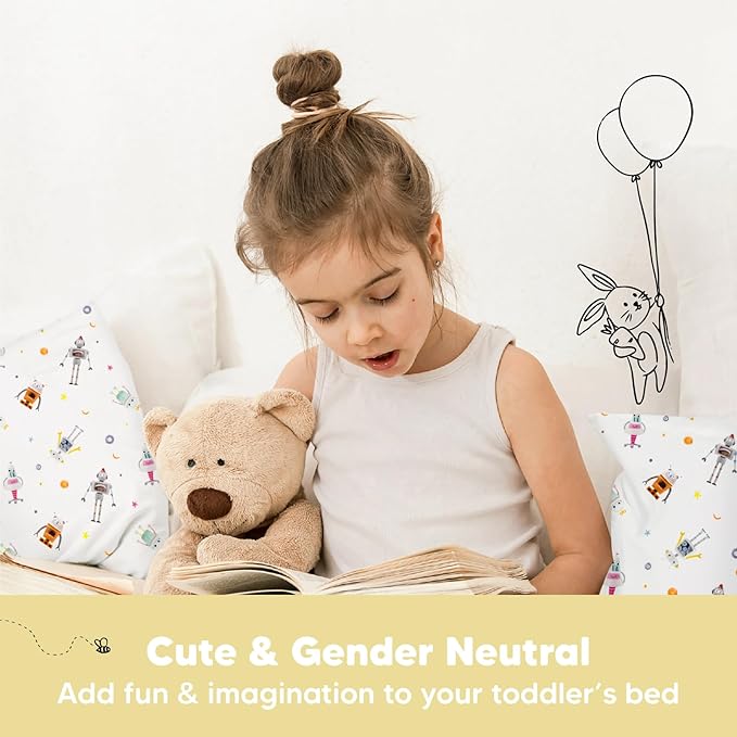 Toddler Pillow with Pillowcase - 13x18 My Little Dreamy Pillow, Organic Cotton Toddler Pillows for Sleeping, Kids Pillow, Travel Pillows, Mini Pillow, Nursery Pillow, Toddler Bed Pillow (Robo Pals)