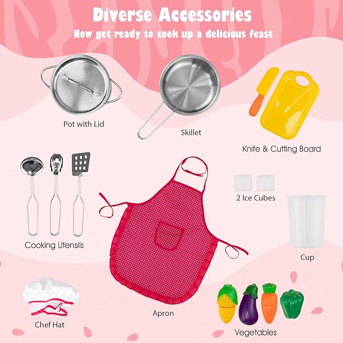 HONEY JOY Pink Corner Kids Kitchen Playset, Wooden Play Kitchen for Toddlers, Washing Machine, Range Hood, Water Dispenser, Cookware, Apron, Little Chef Pretend Toy Kitchen Set w/Lights & Sounds