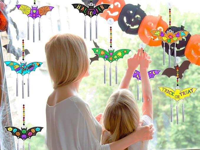 Winlyn 24 Sets Halloween Bat Suncatcher Wind Chimes Ornaments Decorations DIY Window Paint Art Halloween Craft Kits Bat Sun Catchers for Kids Home Classroom Activities Halloween Party Art Projects
