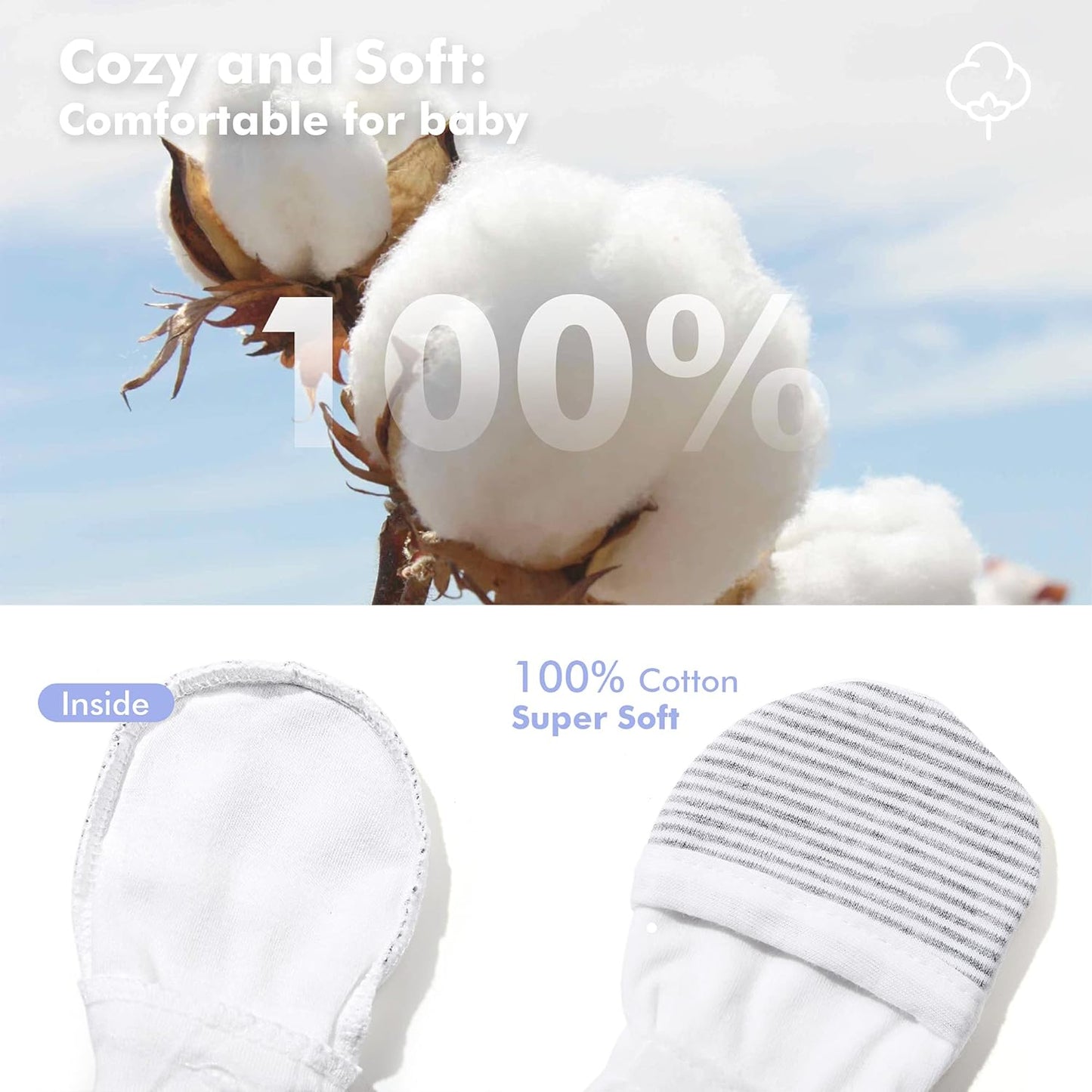 HAPIU Baby No Scratch Mittens Stay On, 100% Cotton Breathable, Adjustable Infant Gloves for Boys Girls, Newborn - 12 M