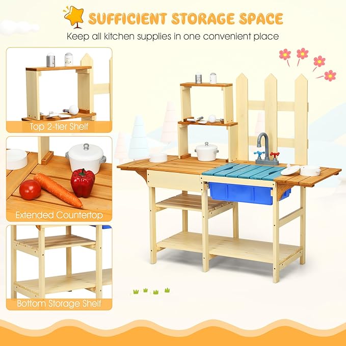 HONEY JOY Kids Mud Kitchen Playset, Indoor Outdoor Wooden Pretend Play Toy Kitchen with Removable Sink, Simulated Faucet, Mud Kitchen for Kids Outdoor, Gift for Boys Girls 3+