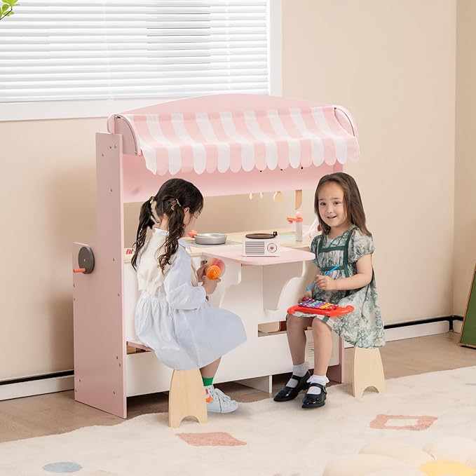 HONEY JOY Kids Kitchen Playset, 3-in-1 Double Side Wooden Little Chef Pretend Play Toy Kitchen Set for Toddlers & Barbecue Grill Set & Restaurant, Retractable Seat & Canopy, Gift for Boys Girls, Pink