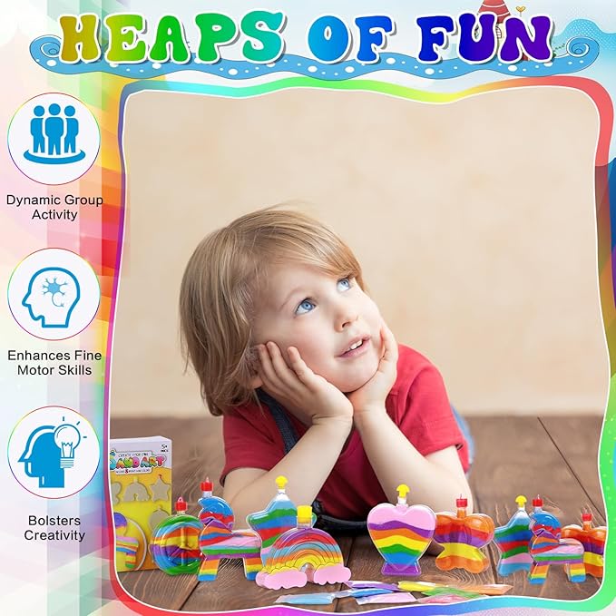 Vertintong 12 Sets Kids Sand Art Activity Kit for Birthday Party Favors Create Your Own Colored Sand Art Includes Sand Bottles with Funnels and Sticks, Bags of Sand for DIY Craft 1960s Party Favors
