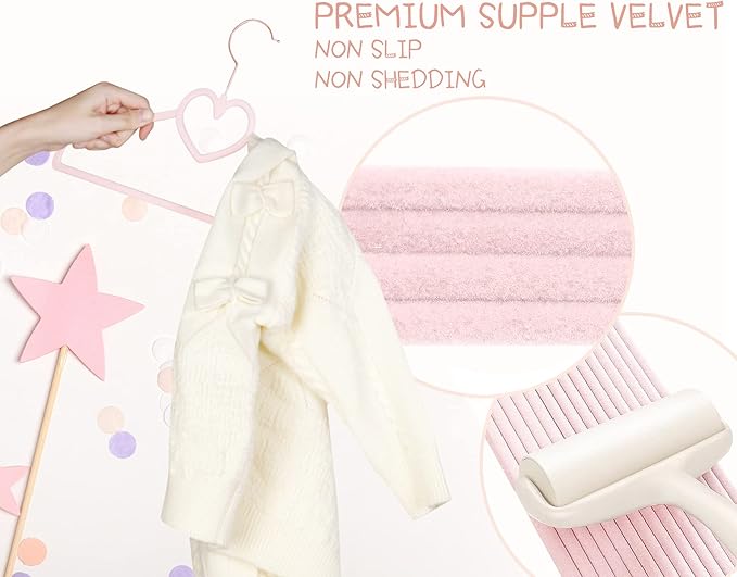Pink Heart Velvet Baby Hangers - 50pack 13inch Toddler Hangers with 20pcs Clips, Premium Velvet Strong and Durable Baby Clothes Hangers Without Slipping, Ultra Slim and Stackable Space Saving
