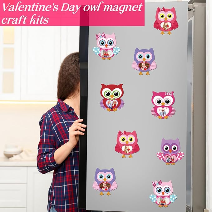 Yousoontic 30 Sets Valentines Picture Frame Craft for Kids DIY Owl Magnetic Picture Frame Make Your Own Paper Valentines Heart Photo Frame for Valentine's Day Home Party Favor Classroom Activities