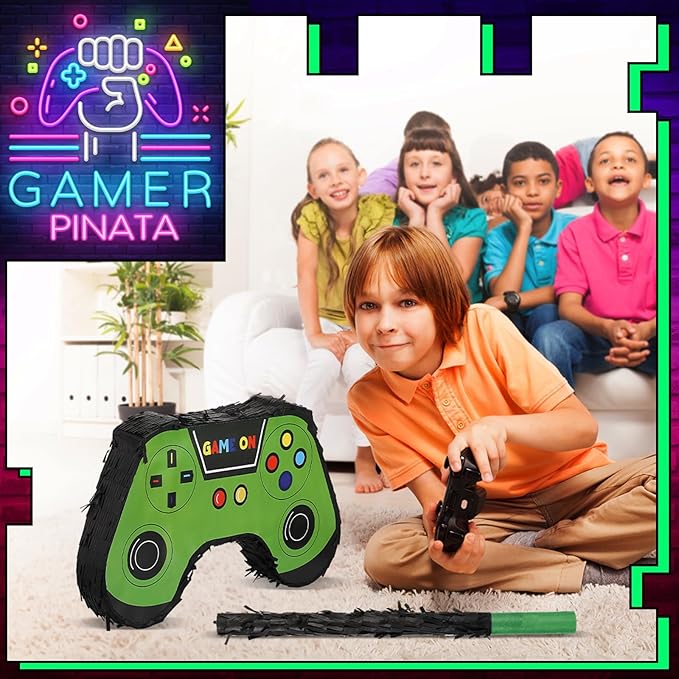 Meooeck 90 Video Game Party Favors Include Game Controller Piñata with Blindfold Baton Confetti Slap Bracelet Keychain Straw Sticker Gamer Party Favors Gamer Birthday Decorations for Theme(Green)