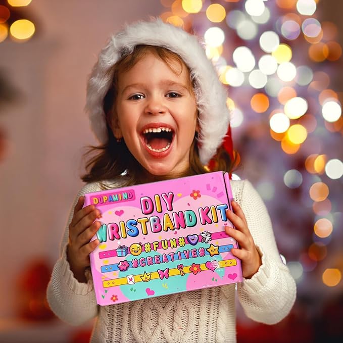 DIY Friendship Bracelet Making Kit for Girls, Charm Kids Wrist Band Making Kit with Stickers, 4 Color Letters, Icons & 5 Straps, Christmas Gifts, Fun Craft Activity for Girls Birthday & Party