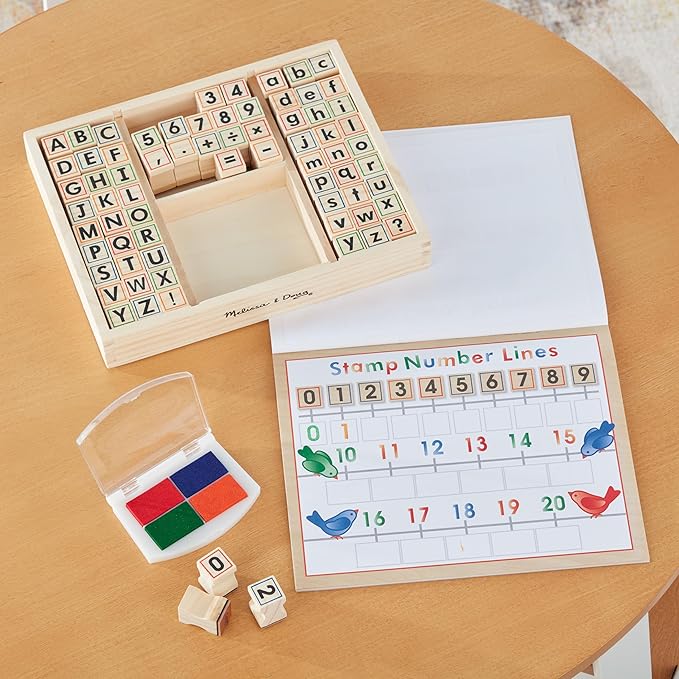 Melissa & Doug Deluxe Letters and Numbers Wooden Stamp Set ABCs 123s With Activity Book, 4-Color Stamp Pad ABC Stamps, Kids Arts & Crafts, Letter Stamps, For Kids Ages 4+ - FSC-Certified