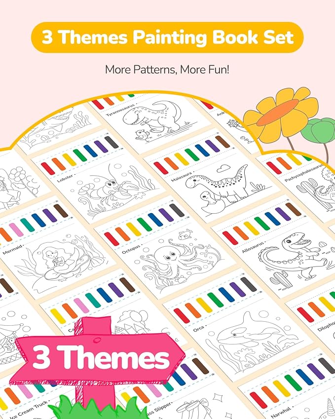 TECJOE 3 Pack Paint with Water Coloring Books for Toddlers, Watercolor Paint Set with 6 Brushes, Painting Activity for Kids Ages 4 5 6 7 8, Arts & Crafts Toy, Princess, Dinosaur & Sea
