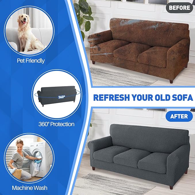 MAXIJIN 4 Piece Couch Covers for 3 Cushion Couch Super Stretch Non Slip Couch Cover for Dogs Pet Friendly Elastic Jacquard Furniture Protector Sofa Slipcovers (Sofa, Dark Gray)