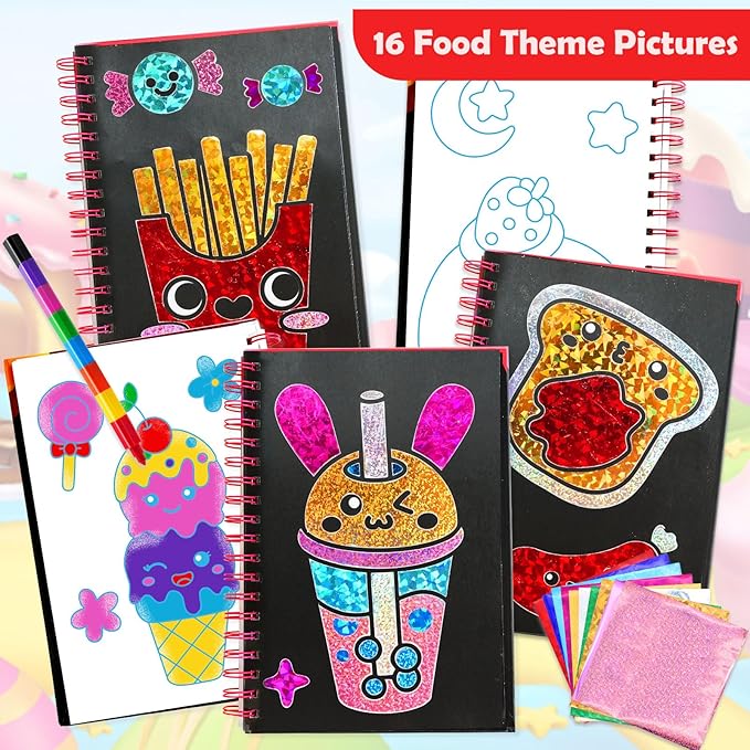 Foil Art Craft Activity for Kids: Fun DIY Toy Sticker Kit, No Mess Creative Travel Supply Set, Idea Birthday Easter Basket Stuffers Valentines Gift for Girl Boy Toddler 4 5 6 7 8 9 Year Old (Food)