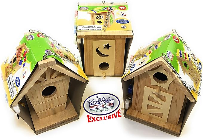 Matty's Toy Stop Paint Your Own Small Wooden Birdhouses (Includes Paints & Brushes) Gift Set Bundle - 3 Pack