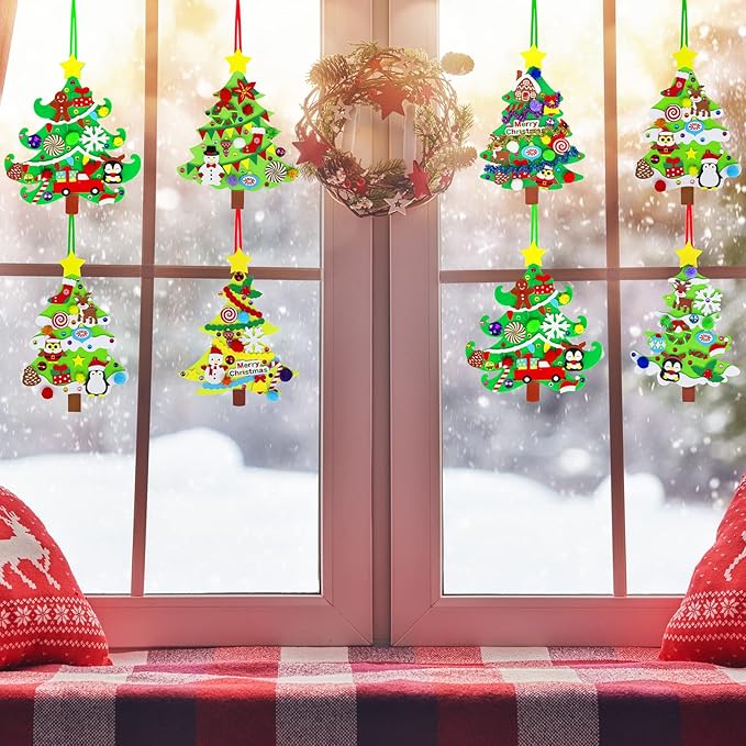 Winlyn 24 Sets Christmas Tree Ornaments Decorations Art Sets DIY Christmas Craft Kits Pine Tree Snowman Snowflake Penguin Foam Stickers Arts and Crafts for Kids Party Favors Home Classroom Activities
