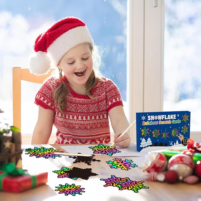 CY2SIDE 60PCS Snowflake Color Scratch Cards Gift Set for Kids DIY Winter Snowflake Hanging Scratch Cards for Kids Snowflake Magic Art Rainbow Color Craft Kit for Winter Christmas Party Favors