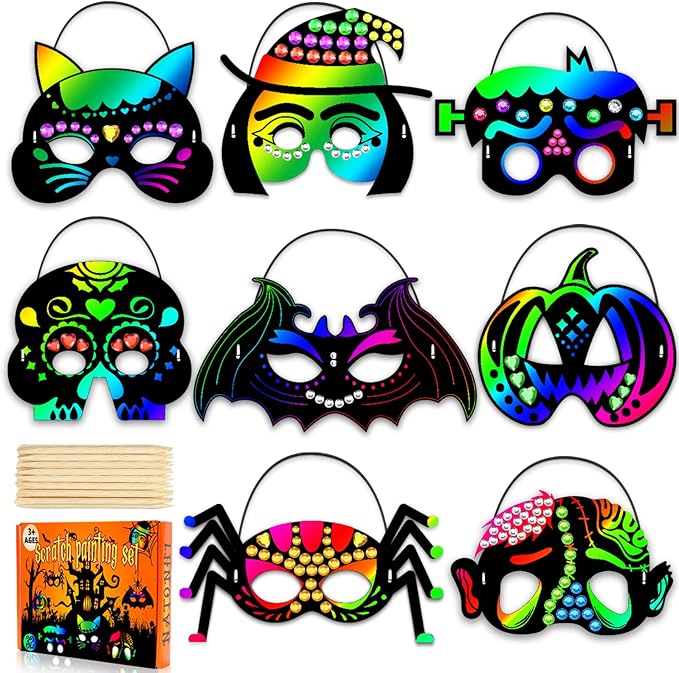 Natonhi 32Pcs Halloween Crafts for Kids Rainbow Scratch Mask, Halloween Games Scratch Art and Craft Kit Halloween Classroom Activities Favors Party Supplies