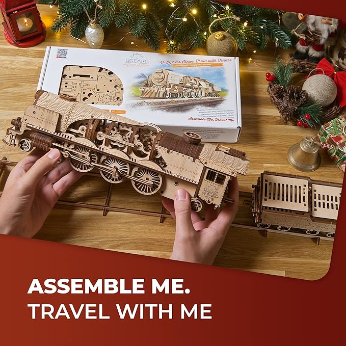 UGEARS 3D Puzzles for Adults - V-Express Steam Train with Tender Idea- 3D Wooden Puzzle Model Kits for Adults and Teens Building Kit Wooden Model Kits