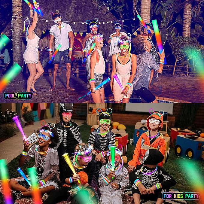263 PCs Glow Party Supplies, 16 Foam Glow Sticks, 15 LED Glasses and 200 Glow Sticks & Bracelets, 10 light up headband feather,12 Glow sticks headband,6 Fiber Optic Hair Light,4 Glow Fiber Optic Wands