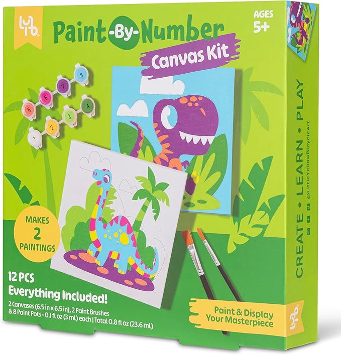 Dino Paint-by-Number Canvas Kit - All-in-1 Art Set, 2 Dinosaur Paintings, 8 Non-Toxic Paint Pots & 2 Brushes, Kids Ages 5+