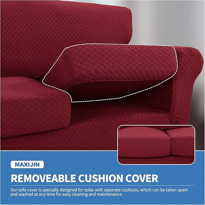 MAXIJIN 4 Piece Jacquard Extra Large Couch Covers for 3 Cushion Couch Super Stretch Non Slip Couch Cover for Dogs Pet Friendly Sofa Slipcover Furniture Protector (Oversized Sofa, Wine Red)