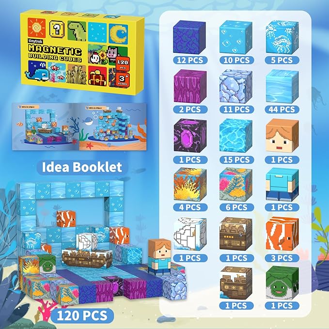 Magnetic Blocks-120PCS Ocean Quest Set,Magnetic Building Blocks Kids Toys for Ages 3 4 5 6 7 8 Birthday Gifts,STEM Montessori Sensory Toys for 3+ Years Old Boys & Girls