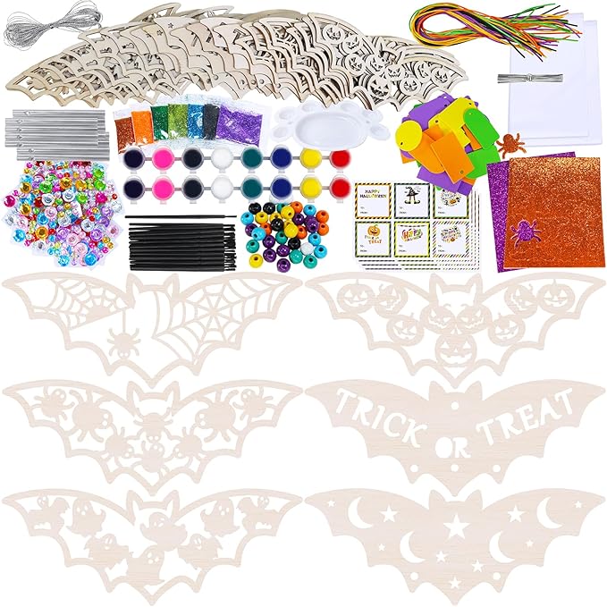 Winlyn 24 Sets Halloween Crafts Fall Crafts Halloween Bat Craft Kits DIY Wooden Bat Wind Chimes Ornaments Craft Kits for Kids Classroom Activities Art Project Halloween Decorations Party Favors