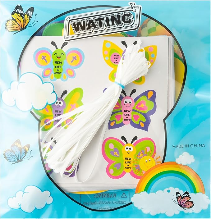 WATINC 74pcs Religious Easter Butterfly Craft Kit for kids, New Life in Jesus Craft Decoration, Resurrection Spring Butterflies DIY Sticker Hanging Ornaments with String for Home School Party Supplies