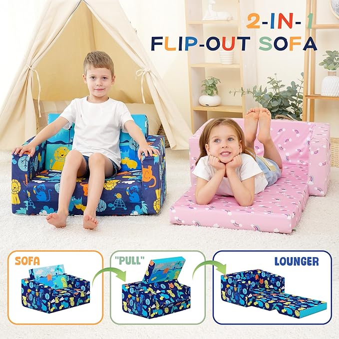 MallBest Kids Sofas Children's Sofa Bed Baby's Upholstered Couch Sleepover Chair Flipout Open Recliner(Blue)