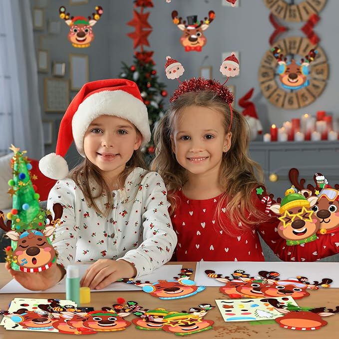 Pasimy 48 Pcs Christmas Crafts Kits for Kids Christmas Reindeer Ornament Crafts DIY Reindeer Ornament Kit Make Your Own Reindeer Craft Stickers for Holiday Xmas Classroom Party Favors