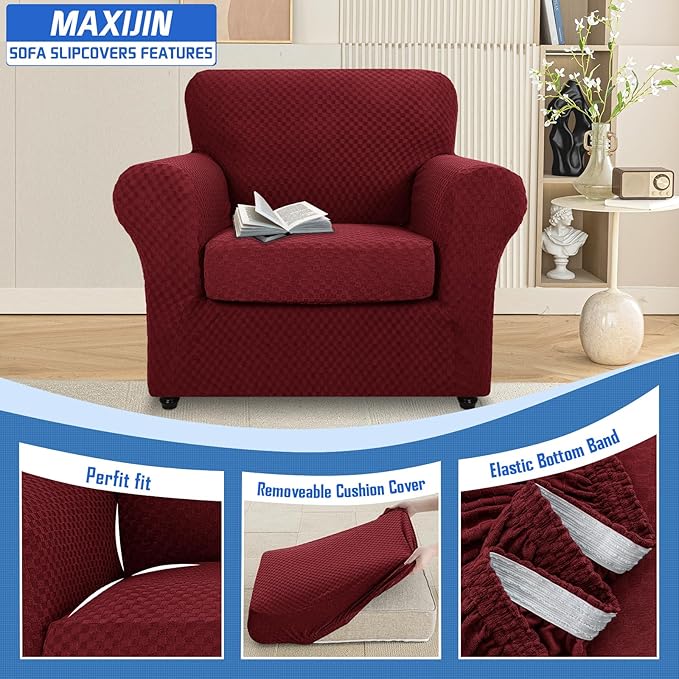 MAXIJIN 2 Piece Jacquard Chair Covers with Arms Super Stretch Non Slip Chair Slipcover for Living Room Dogs Pet Friendly Elastic Sofa Couch Protector Armchair Cover (Chair, Wine Red)