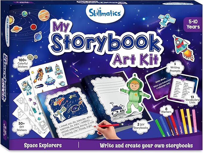 Skillmatics Storybook Art Kit - Space Explorers Art Kit for Kids, Write & Create Storybooks, Creative Activity for Boys & Girls, DIY Kit, 150+ Stickers, Gifts for Ages 5, 6, 7, 8, 9, 10