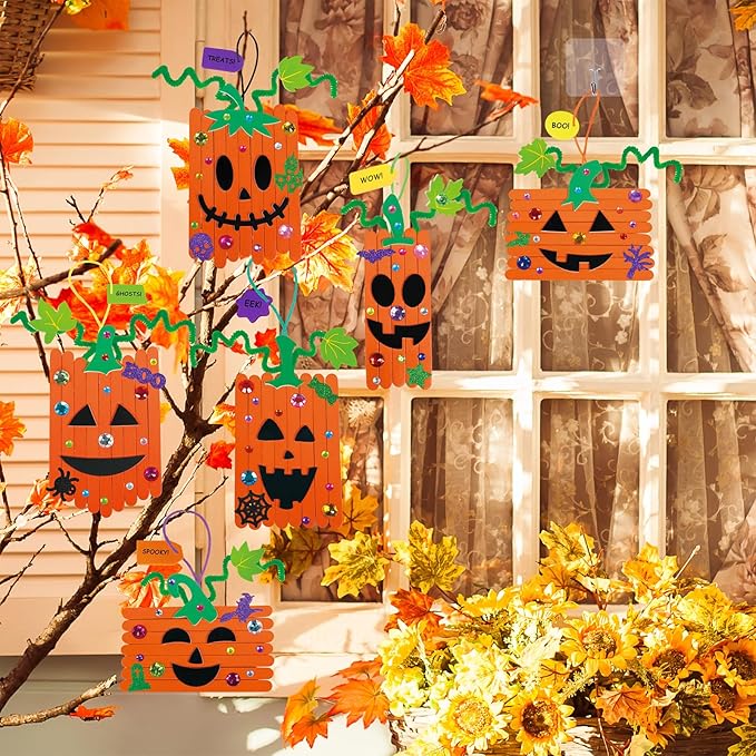 Winlyn 24 Sets Fall Crafts Kits Halloween Crafts Individual Fall Kids Crafts DIY Pumpkin Fall Decorations Craft Sticks Pumpkin Foam Stickers Arts and Crafts for Kids Classroom Activities Party Favors