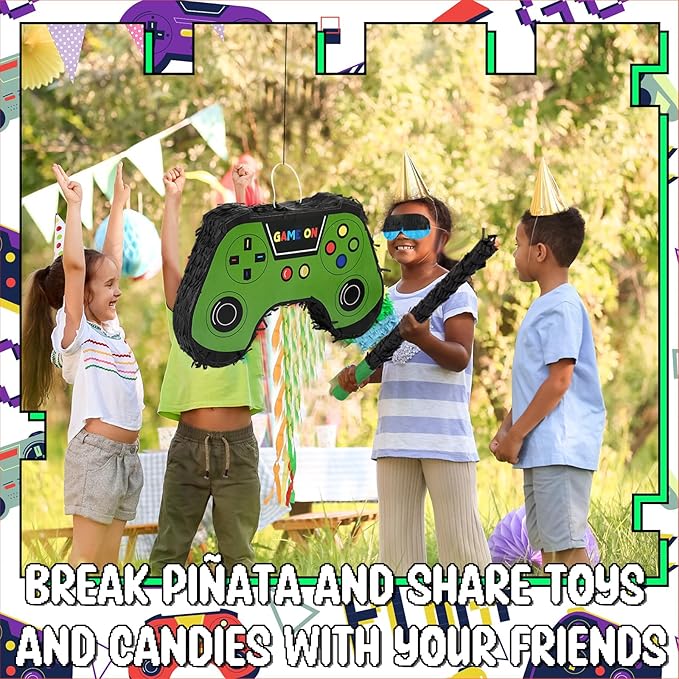 Meooeck 90 Video Game Party Favors Include Game Controller Piñata with Blindfold Baton Confetti Slap Bracelet Keychain Straw Sticker Gamer Party Favors Gamer Birthday Decorations for Theme(Green)