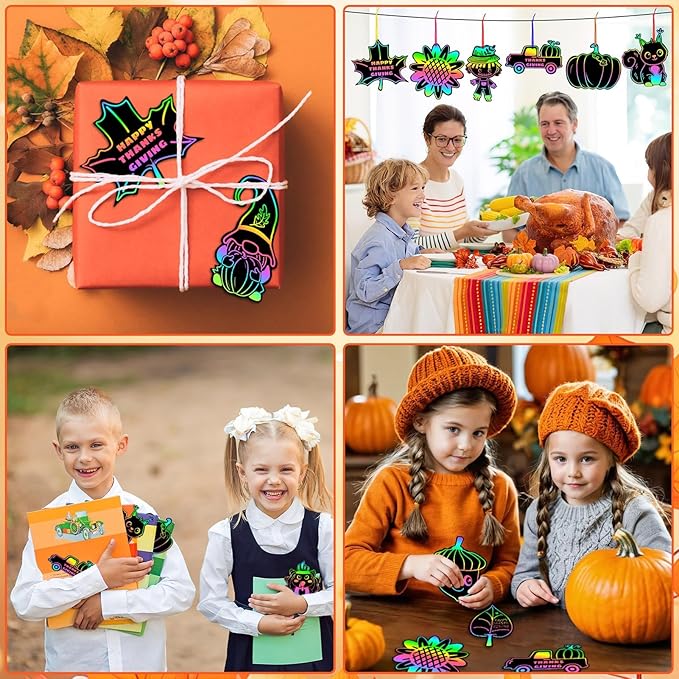 JULMELON 36Pcs Thanksgiving Arts and Crafts for Kids, Fall Leaves Pumpkin Turkey Magic Rainbow Scratch Paper Art for Kids School Classroom Activity Autumn Harvest Thanksgiving Party Favors Gifts