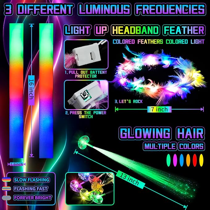 263 PCs Glow Party Supplies, 16 Foam Glow Sticks, 15 LED Glasses and 200 Glow Sticks & Bracelets, 10 light up headband feather,12 Glow sticks headband,6 Fiber Optic Hair Light,4 Glow Fiber Optic Wands