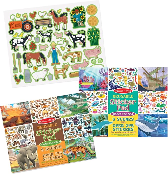 Melissa & Doug Reusable Sticker Pad Bundle - Jungle, Farm & Under the Sea - Art Activities For Kids, Restickable Stickers, Arts And Crafts For Kids Ages 3+