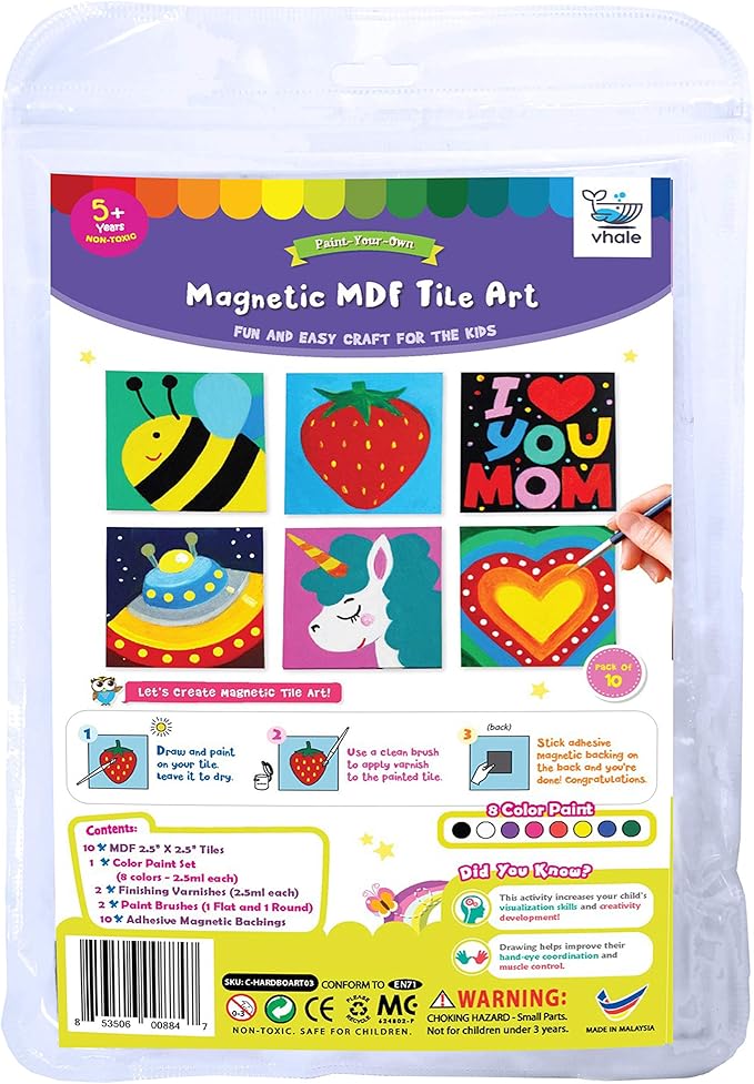 VHALE Paint Your Own Magnetic Fiberboard Tile Art, 10 Sets of MDF Tiles (2.5 x 2.5 inch) with Non Scratch Magnets, Fridge and School Locker Decor, Classroom Arts and Crafts, Party Favor for Kids
