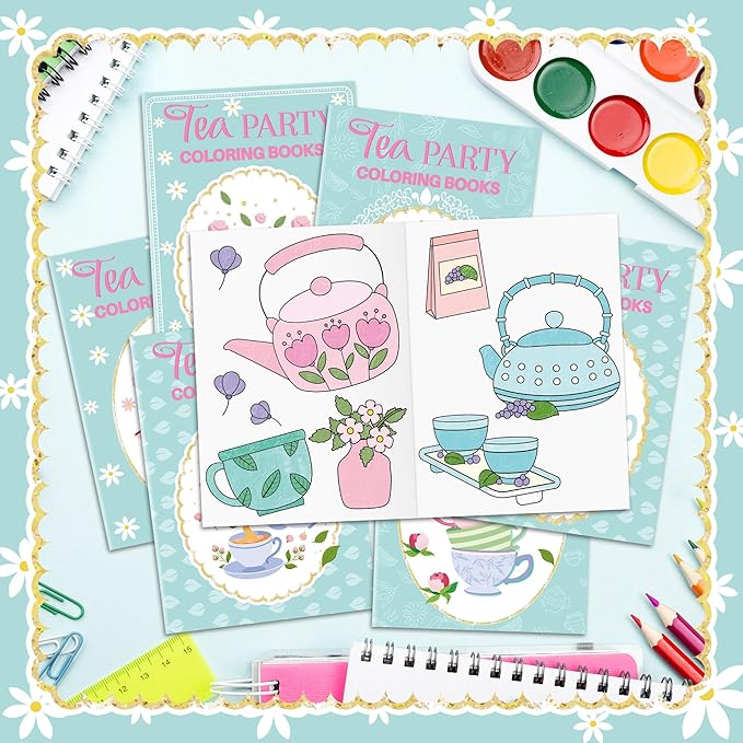 Tea Party Coloring Books for Kids 48Pcs Bulk Tea Time Themed Mini Coloring Booklet DIY Art Drawing Book with Teapots Cups for Toddlers Kids Classroom Birthday Party Favors Goodie Bag Filler