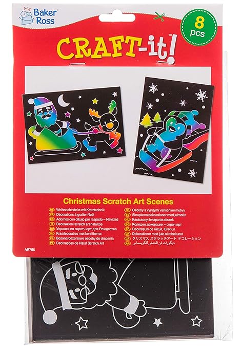 Baker Ross AR756 Scratch Art Pictures - Pack of 8, Scratch Art Paper and Scratch Art for Kids, Great for Kids Arts and Crafts, Christmas Gifts and Children’s Party Bag Fillers