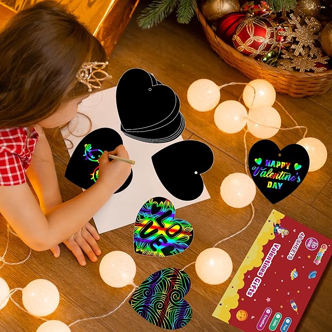 OHOME Valentines Day Crafts for Kids - 48 PCS Valentines Magic Rainbow Scratch Paper Cards Set,Kids Valentines Day Gifts for School Classroom - Valentines Treats Toys Games Party Favors for Toddler