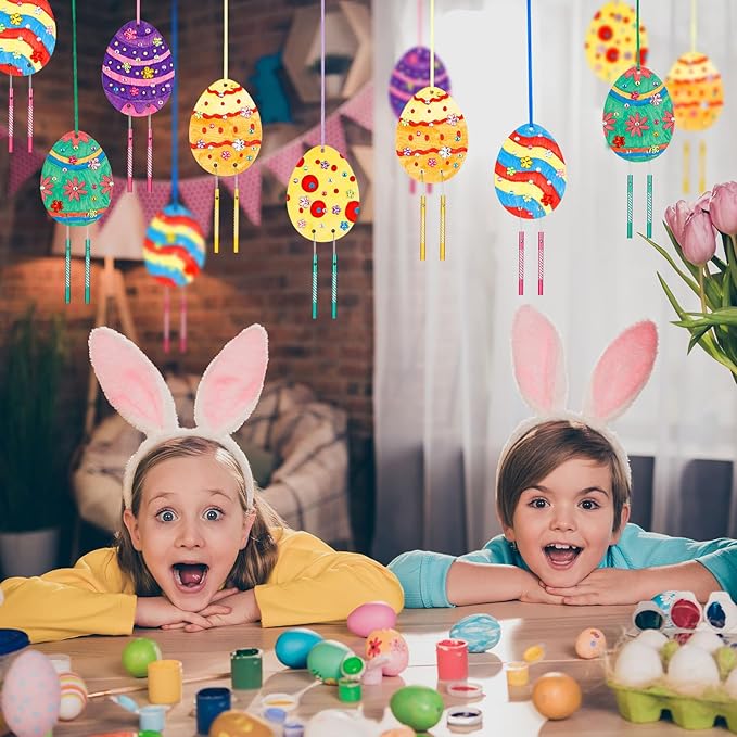 Wenqik 12 Sets Easter Wind Chimes Craft for Kids DIY Coloring Wooden Easter Craft Kits Paintable Unfinished Egg Hanging Ornament Crafts for Girls Boys Spring Party School Decor