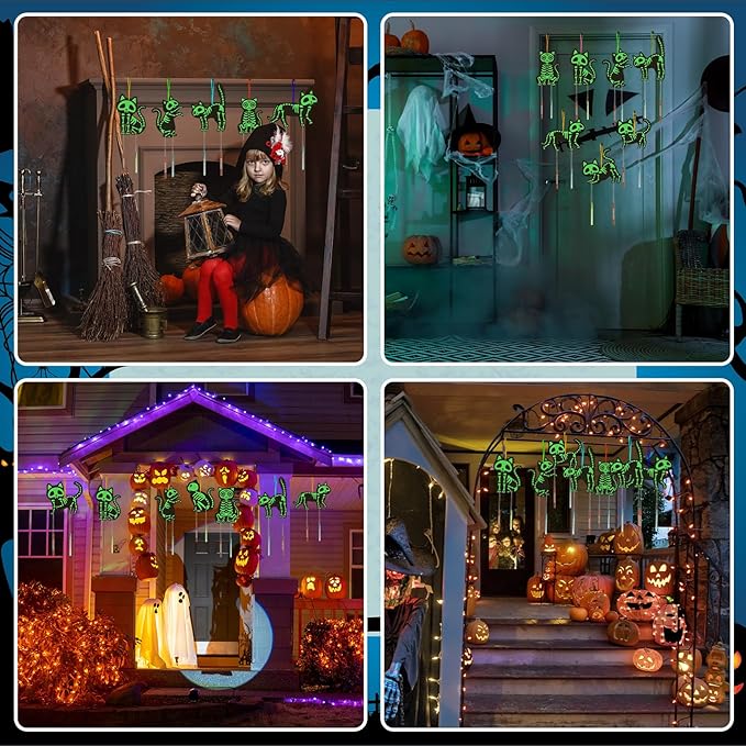 Fennoral 9 Pack Cat Wind Chime Kit for Kids Make You Own Glow in Dark Cat Skeleton DIY Coloring Wooden Arts and Crafts for Halloween Art Activity Halloween Party Decorations
