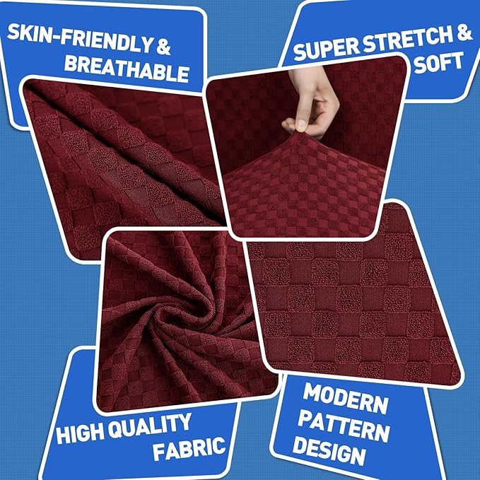 MAXIJIN 2 Piece Jacquard Chair Covers with Arms Super Stretch Non Slip Chair Slipcover for Living Room Dogs Pet Friendly Elastic Sofa Couch Protector Armchair Cover (Chair, Wine Red)