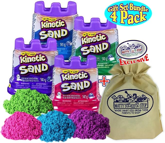 Kinetic Sand Modeling Sand 4.5oz. Containers Pink, Green, Purple & Blue Gift Set Bundle with Bonus Matty's Toy Stop Storage Bag - 4 Pack