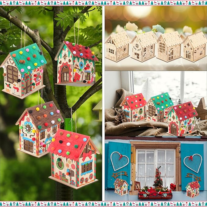 DoubleFill 24 Pcs Wood Gingerbread House Craft Kit for Kids DIY Wooden Christmas Birdhouse Craft Kits Holiday Village Houses Make a Gingerbread Wooden House for Xmas Party Game Craft Supplies