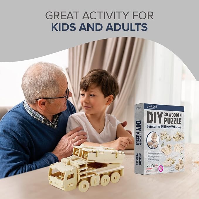 Hands Craft DIY 3D Wooden Puzzle – 6 Assorted Military Vehicles Bundle Pack Set Brain Teaser Puzzles Educational STEM Toy Adults and Kids to Build Safe and Non-Toxic Easy Punch Out Premium Wood JP2B6