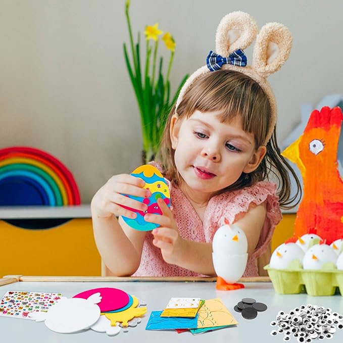 MALLMALL6 12Pcs Easter Fridge Magnet Craft Kit Easter Eggs Bunnies Chicks Lamb Eggshell Chicken Active Eyes Felt Set Diamond Stickers Fun Home Activities Springtime DIY Art Project for Kids