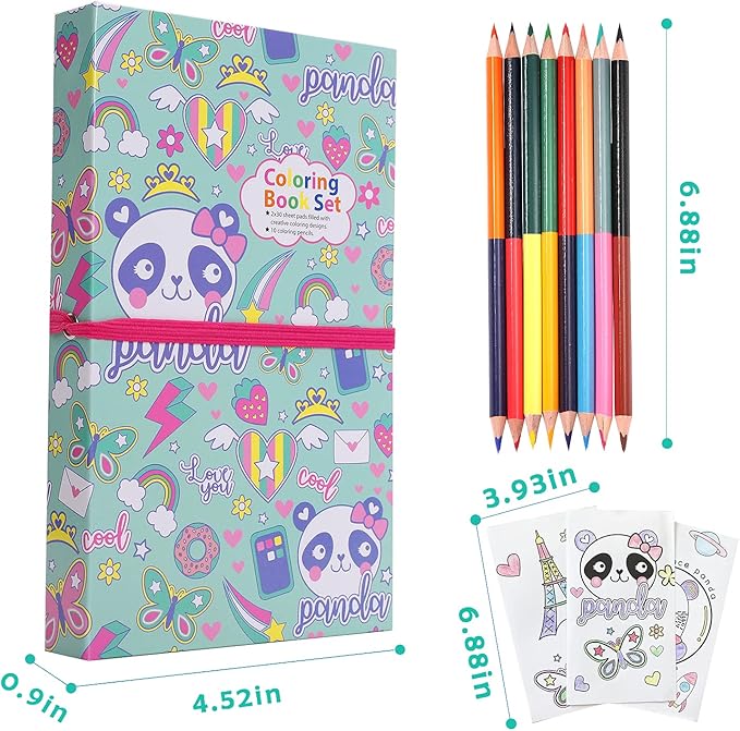 Panda Coloring Book Set with Coloring Pages & Colored Pencils, Art Supplies for Kids Ages 4-6-8, Arts Crafts Travel Coloring Kit for Girls 4 5 6 7 8 Year Old Birthday Gift