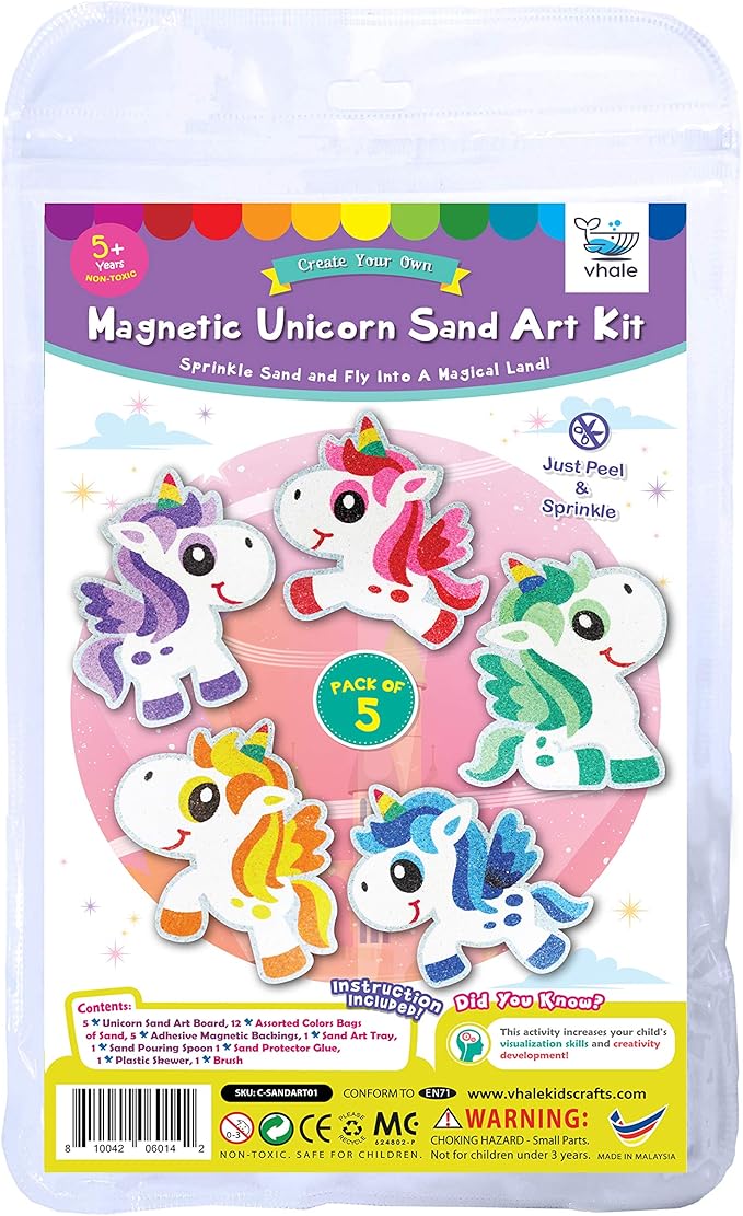 VHALE Peel and Stick Magnetic Sand Art Board, 5 MDF Sand Art Sets with Non Scratch Magnets, Peel, Sprinkle and Stick Designs, 12 Sand Colors, Fridge Decor, Kids Party Favors (Unicorn)